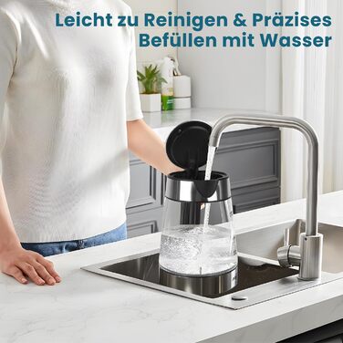 Електричний чайник Aigostar 1.7л, 2200W, LED, без BPA, скло Borosilikat, фільтр від накипу, чорний (Chubby)