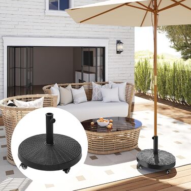 Outsunny Parasol Stand Umbrella Stand Umbrella Holder Umbrella Base 25 kg Rattan-look Stand Umbrella Ø38/48 mm with Wheels Resin + Metal Black Ø52 x 41 cm