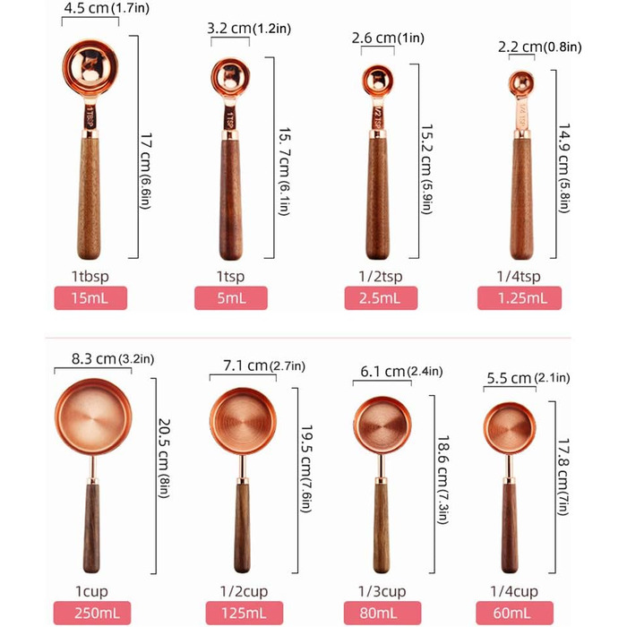 Ldawy Measuring Spoons Measuring Cups Stainless Steel Measuring Spoons 4-Piece Precision Kitchen Measuring Tool with Walnut Handle for Baking (Rose Gold)