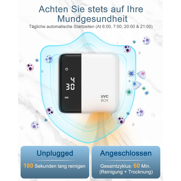 Електричний стерилізатор зубних щіток з сушкою 60°C, LED-дисплеєм, годинником, акумулятором та кріпленням на стіну без свердління. Білий+чорний