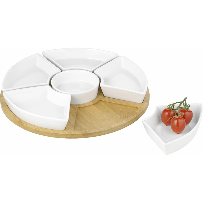 Esmeyer Caterado Rotating Serving Tray SUSAN with 6 white porcelain bowls and a bamboo tray, 34 x 34 x 6.5 cm