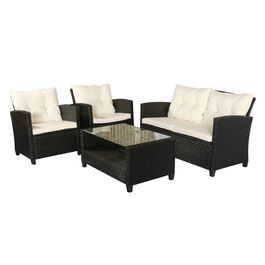 Outsunny 4-Piece Patio Furniture Set with 3 Sofas, Side Table, Cushions, and Aluminum Frame with Rattan-Like Wicker Finish in Black