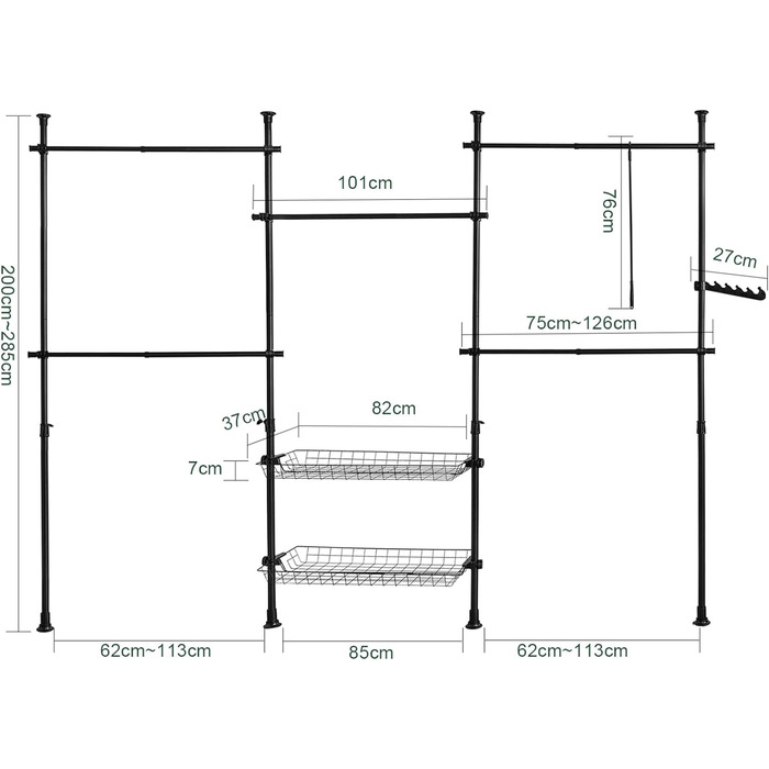 SoBuy KLS04-SCH Telescopic Rod Clothes Rack with 5 Clothes Rails and 2 Baskets Telescopic Wardrobe System Adjustable Shelving System B (209-311) x (200-285) cm