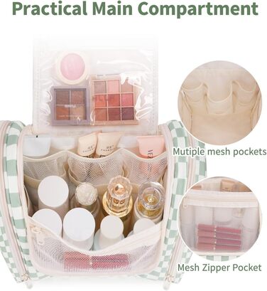 Сумка для косметики та туалетних аксесуарів для жінок та чоловіків, підвісна, з сіткою (блакитне листя, м'ятно-зелена решітка)