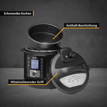 TZS First Austria Electric Pressure Cooker 6L | Multi-Cooker | 12 Programs Pressure Cooker | Rice Cooker | Steamer with Keep Warm Function, Grey-Black Stainless Steel Grey/Black
