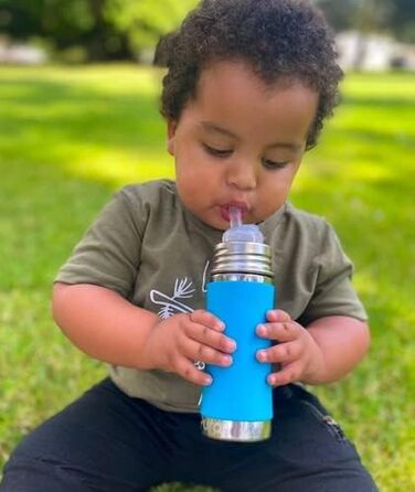 Pure stainless steel bottle with silicone straw & sleeve, aqua (plastic, BPA-free, non-toxic, certified)