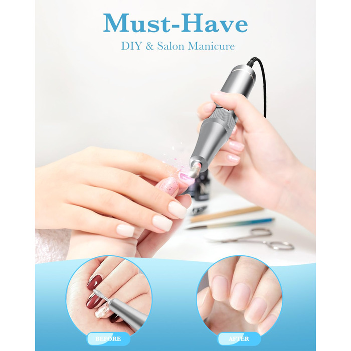 Професійний фрезер для нігтів ENGERWALL 35000 об/хв, акумуляторний, для гелю та акрилу, електричний, манікюрний набір з 7 насадок та 56 шліфувальних стрічок, темно-срібний, портативний
