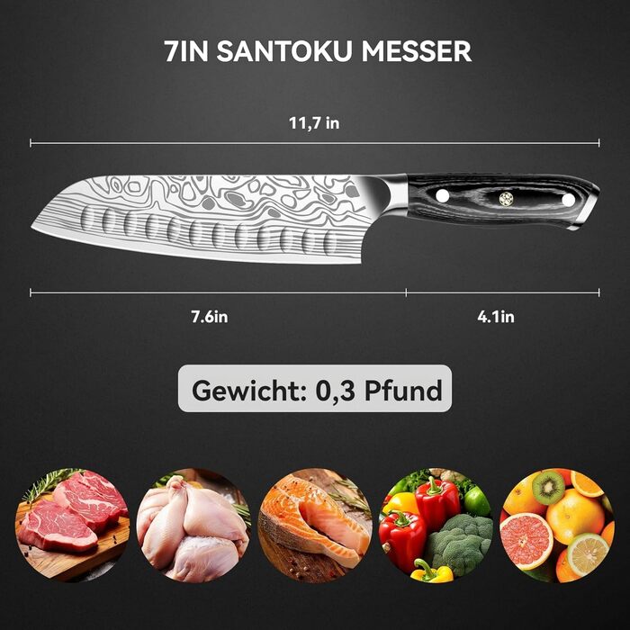 Ніж Santoku Cutiore 7 дюймів: професійний кухонний ніж з нержавіючої сталі EN.4116, з захистом пальців та точилкою в подарунковій коробці