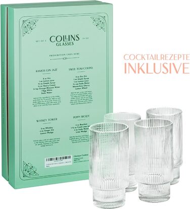 GLASSIQUE GIFT Vintage Art Deco Collins Gin Longdrink Ribbed Cocktail Glasses | 4-Piece Set | 400 ml Slim Tall Ribbed Highball Longdrink Glasses for Mojito Cocktails