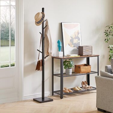 YMYNY Solid Wood Wardrobe Rack, Freestanding Clothes Rack with 8 Hooks, Thickened and 3 Adjustable Heights, for Bag, Clothing, Living Room, Natural Wood Color HCR002N (Black, Square Base)