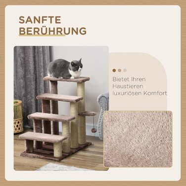 PawHut 3-Step Pet Stairs with Scratching Posts, Ball, Dog Stairs, Pet Stairs for Cats up to 5 kg, Plush Jute, White, 45 x 40 x 48 cm (60L x 40W x 64H cm, Brown)