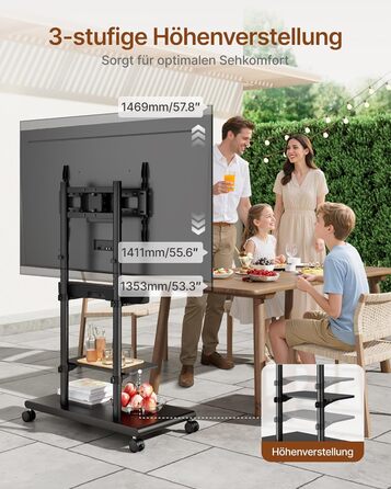 Підставка для телевізора на колесах з кріпленням для саундбару, 50-90 дюймів, до 70 кг, регульована висота та нахил, MAX VESA 600x400 мм