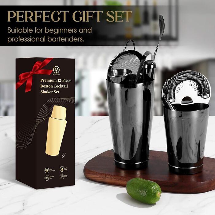 Набір шейкерів для коктейлів YXT&BEYOND Premium, 12 шт., нержавіюча сталь 304, чорний, для дому та барів, з подарунковою коробкою
