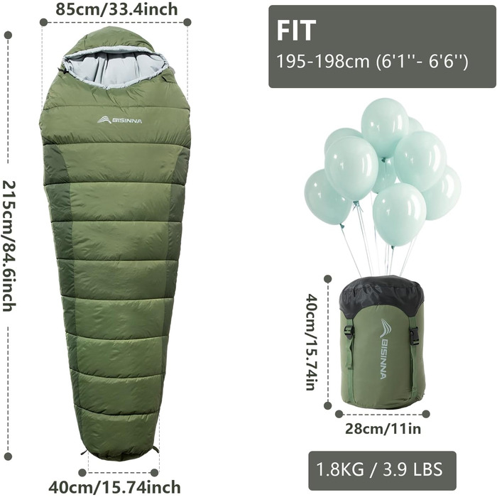Сплячий мішок BISINNA Mumienschlafsack -10°C - 5°C [400GSM] для чотирьох сезонів, дорослий, водовідштовхувальний, YKK Zip, для відпочинку на природі, кемпінгу, трекінгу та подорожей (зелений)