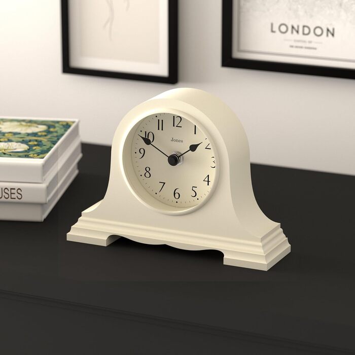 JONES CLOCKS® Speakeasy Desk Clock | Classic Napoleon Hat Design | | Contemporary classic style for desk, table, shelf or bedside table (Light Cream)