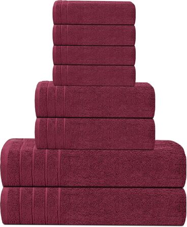 Набір рушників Tens Towels з 100% бавовни, 8 предметів: 2 великі банні рушники, 2 рушники для рук та 4 серветки, гігроскопічні та швидкосохнучі, колір бордовий