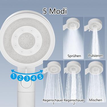 Nafall Shower Head with Filter - High-Pressure Handheld Shower Head with Water Saving Design and 1.5 M Hose, Shower Head with 5 Spray Patterns and Stop Function, Shower Head with Hose, Chrome (White)
