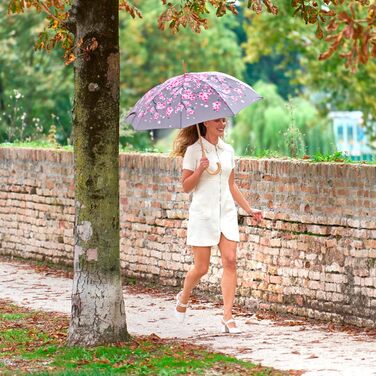 PERLETTI Green Eco Women's Umbrella - Large Automatic Rain Umbrella with Recycled Materials & Cherry Blossom Design