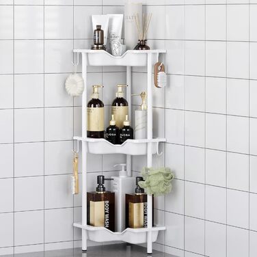 Підставка для душу OriwarE без свердління, кутова, 3 яруси, з гачками, нержавіюча сталь, пластик, білий