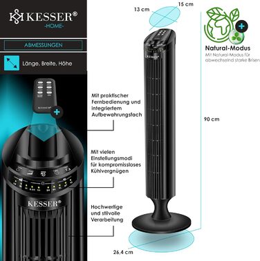 Турбо вентилятор KESSER® з пультом керування | 90° кут осциляції | 3 швидкості | 90 см | Таймер | Turbo функція | Колонний вентилятор | Чорний
