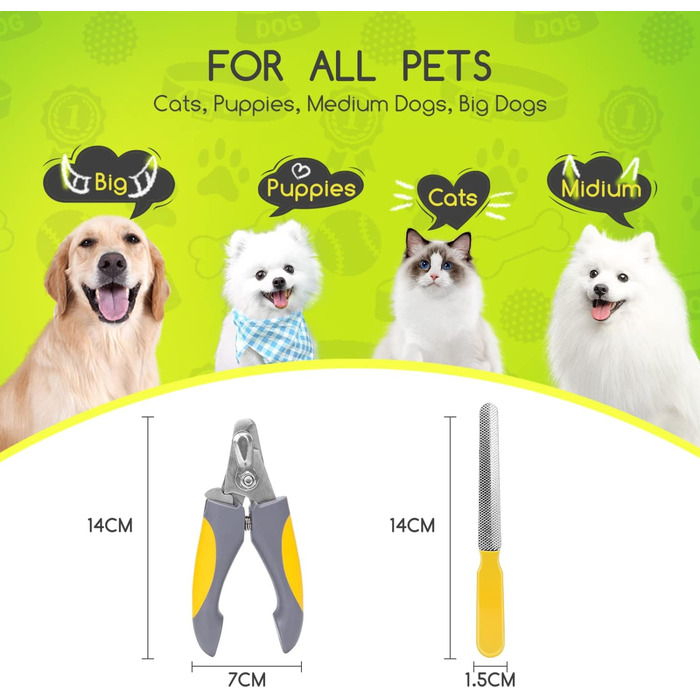 Професійні ножиці для стрижки нігтів Nobleza Profi для собак та котів з пилочкою, нержавіюча сталь, великі для собак, для кроликів, захист від випадкових порізів, жовті