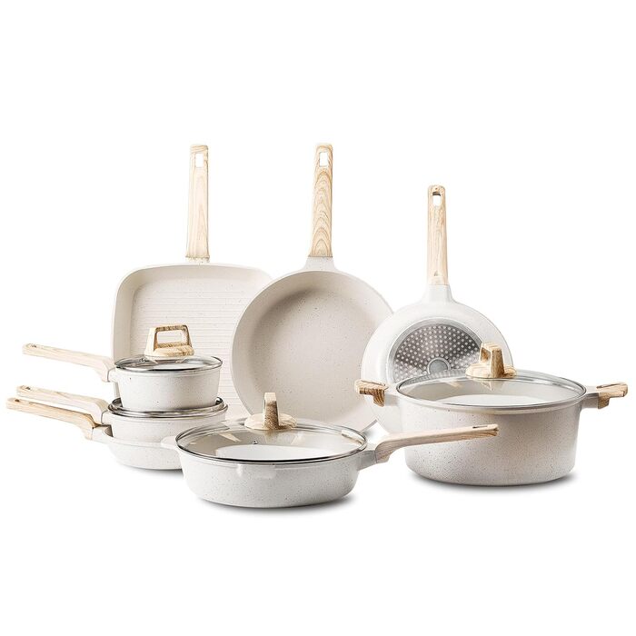 Набір посуду VEVOR з нержавіючої сталі 19 предметів з кришкою з термостійкого скла, антипригарне покриття, для приготування їжі на індукційній плиті, підходить для кемпінгу та дому (білий)