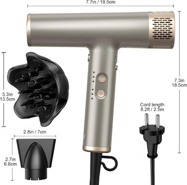 Професійний фен YAPOY з дифузором: швидке сушіння, 200 млн іонів, 110 000 об/хв, захист від пошкодження теплом, інтелектуальний термоконтроль, сріблястий