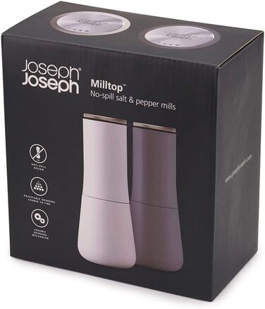 Joseph Joseph Milltop – Leak-Proof Salt and Pepper Grinder Set, Refillable with Ceramic Grinder - White/Gray
