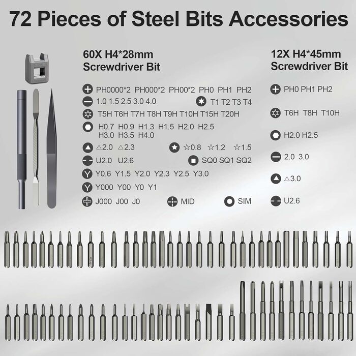 Набір мініатюрних електричних викруток MQFORU 78 в 1 з 72 бітами, 5 режимів крутного моменту, LED-підсвічуванням для ремонту телефонів, годинників, камер