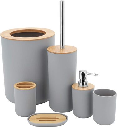 Набір для ванної кімнати MisFox з бамбука (6 шт): диспенсер для лосьйону, сміттєвий бак, тримач для зубних щіток, стаканчик, щітка для унітазу, мильниця (сірий)