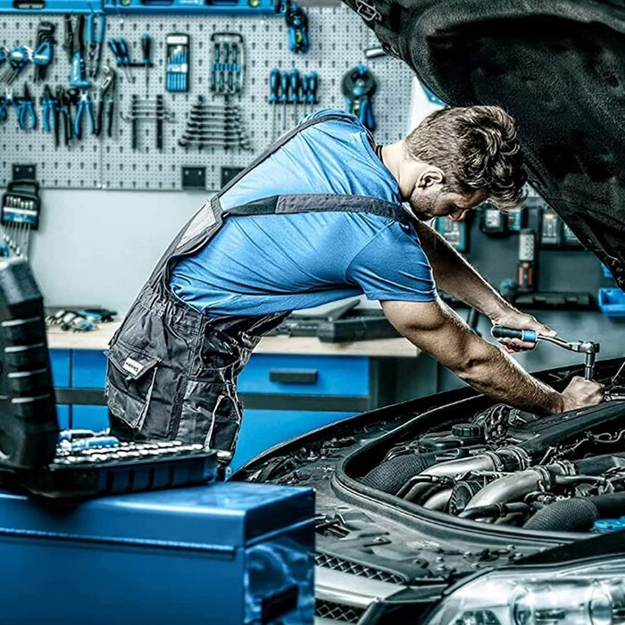 Набір інструментів HÖGERT TECHNIK 46 предметів: тріскачка, біти, насадки, аксесуари 1/4”, хром-ванадієва сталь, високоякісний, кований, 72-зубцева механіка, чорний/синій