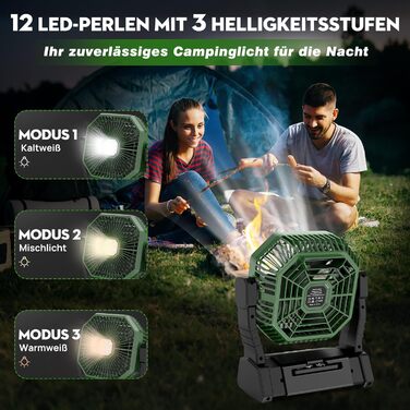 Акумуляторний кемпінговий вентилятор з LED-підсвіткою та Powerbank 10000mAh, портативний безшумний вентилятор для намету з пультом та таймером, чорно-зелений