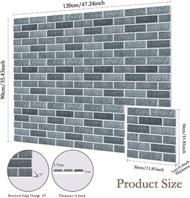 Акустичні панелі JBER самоклейні для звукоізоляції, шумопоглинаючі стінові панелі «цегляний» для студії, геймерської кімнати та офісу, 30x30x1 см, 12 шт, колір чорний крейда