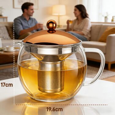 Скляний чайник Teekanne 1,5л з ситом із нержавіючої сталі та кришкою під мідь, заварник із боросилікатного скла для листового чаю