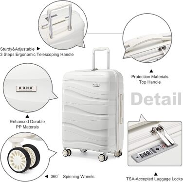KONO Чемодан середнього розміру 65см з поліпропілену, з TSA замком, 65x46x26.5см (Крем-білий)