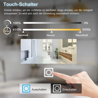 MIQU LED дзеркало для ванної кімнати з підсвічуванням 80x60 см, з розеткою, годинником, сенсорним керуванням, регулюванням яскравості, 3 кольори світла, антизапарник, збільшення, для ванної кімнати, туалету, коридору