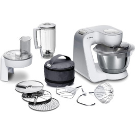 Кухонний комбайн Bosch Serie 4 MUM58W20, 1000 Вт, 3,9 л, міксер 1,25 л, планетарне змішування, насадки з нержавіючої сталі, білого/сріблястого кольору