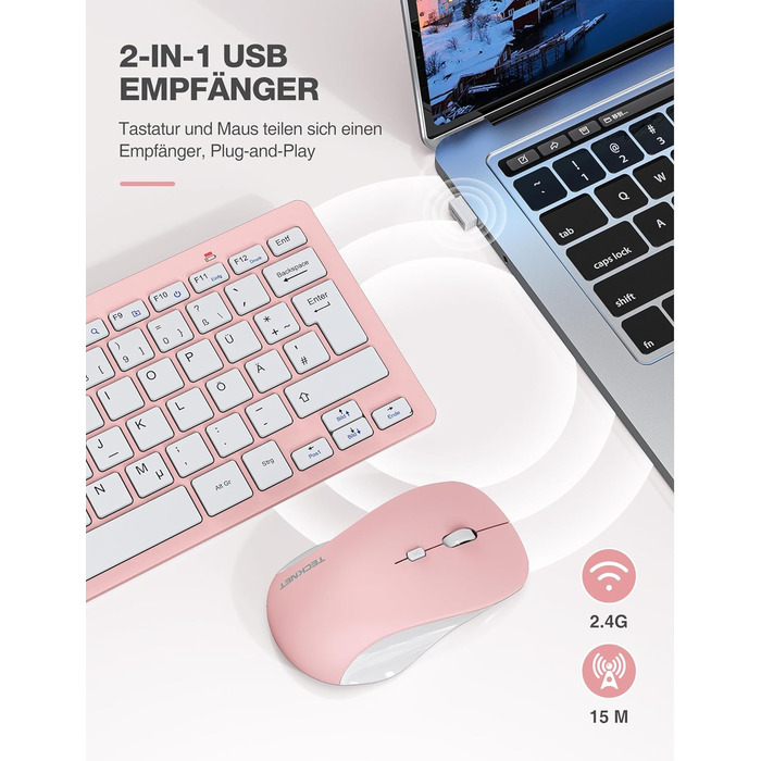 TECKNET Бездротова Клавіатура та Миша, QWERTZ, 2.4 GHz, 15м, Безшумна, для ПК, Ноутбука, Smart TV, Біла (Рожева)