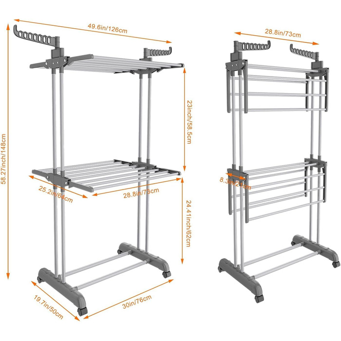 Сушарка для білизни Innotic: компактна, розкладна, з 4 ярусами та колесами. Ідеальна для дому та вулиці (білий/сірий)