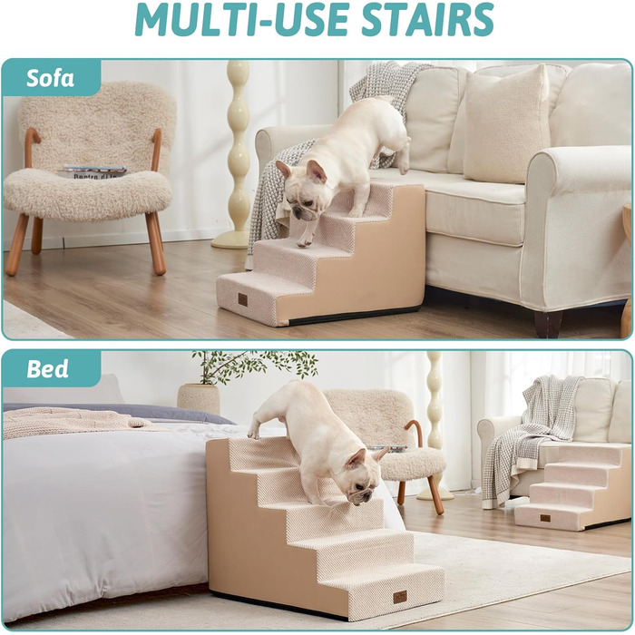 Сходинка для собак COZY KISS: 5 сходинок, 60 см, для малих собак, котів, зручна для ліжка, дивана, авто, щільний пінопласт, знімний чохол (Бежевий, 75x50x60cm)