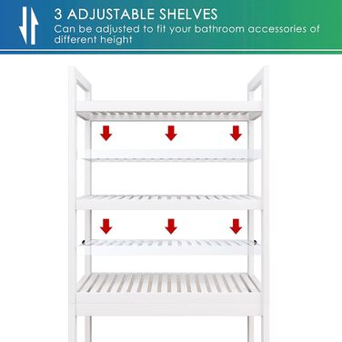 SMIBUY Toilet Shelf, Bamboo Toilet Rack, Adjustable Washing Machine Shelf, Bathroom Shelf with 3 Storage Shelves, Space-Saving, Easy to Assemble, White