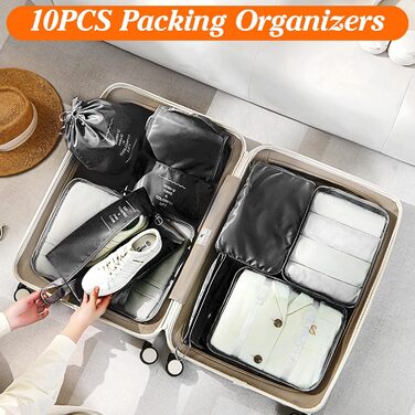 Органайзер для валізи Zorplex, набір 10 шт: кубики для пакування, аксесуари для подорожей, чохли для одягу, взуття та косметики (чорний)