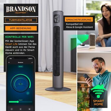 Brandson ECO Tower Fan - Silent DC Motor, 12 Speed, Remote Control, Timer, Energy Efficient, Cool Grey