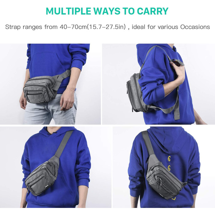 Поясна сумка FREETOO для чоловіків та жінок з 6 кишенями на блискавці – водонепроникна, для прогулянок з собаками, бігу, походів, подорожей та відпочинку (Сірий)