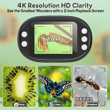 Дитячий цифровий мікроскоп 1000X Handy з 4K екраном 2.0', USB, для дітей 4-12 років, набір для науки, з предметними скельцями