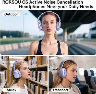 Бездротові накладні навушники C6 з активним шумозаглушенням (ANC), Bluetooth, 60 годин роботи, глибокий бас, з мікрофоном для ПК та iPad (фіолетові)