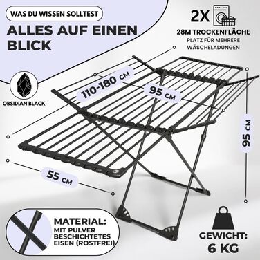 MONDHEIM® Сушарка для білизни XXL, 26 м довжини, чорна, знімний поперечина, для балкону/тераси