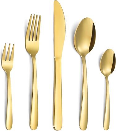 Bestdin Cutlery Set, 6 Persons, 30-Piece Cutlery Gold, Stainless Steel Cutlery Set with Knife, Fork, Spoon, Gold Cutlery for Home/Party/Restaurant, High-Gloss Polished & Dishwasher Safe