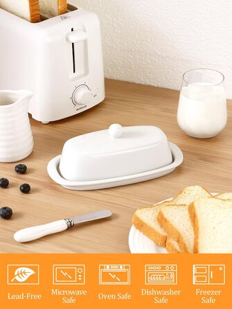 Ceramic Butter Dose with Lid and Knife for Countertop Refrigerator, 20.3 cm, White Butter Holder with Porcelain Lid Knob, Handle for East-West Butter Sticks