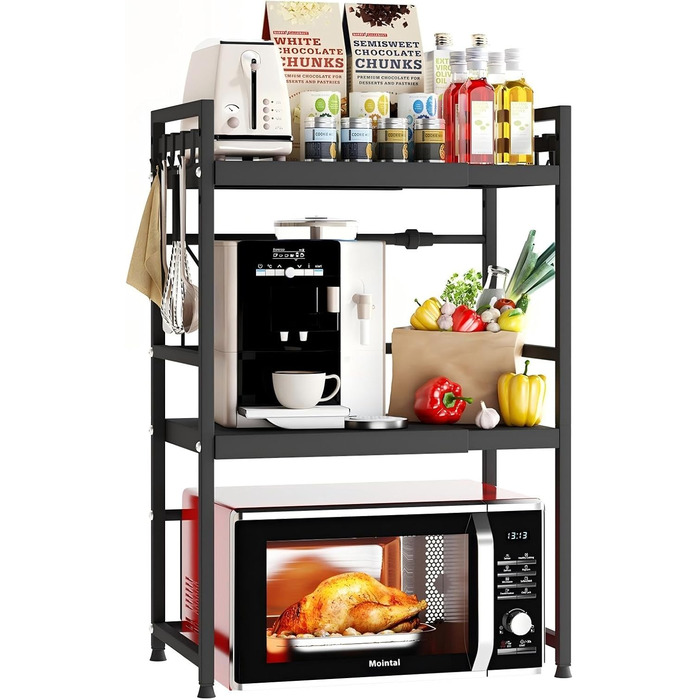 Регульована підставка для мікрохвильової печі, 2-рівнева розширювана, з вуглецевої сталі, з 8 гачками, органайзер для кухні (1 шт, чорний)